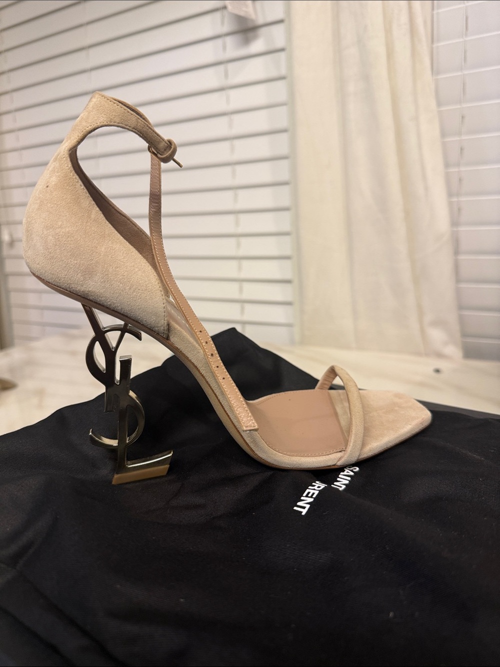 Saint Laurent Beige Suede YSL Monogram Heel Ankle-Strap Sandal